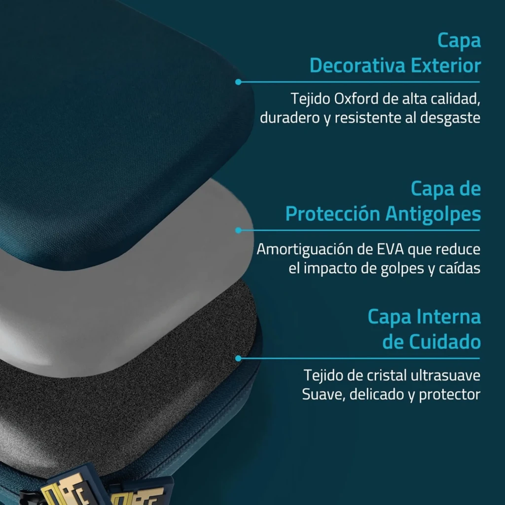Estuche rígido azul con logo DAVE en amarillo, material EVA, cremallera doble con tiradores metálicos, correa amarilla y capacidad para 10 cartuchos de Switch - Ítem3