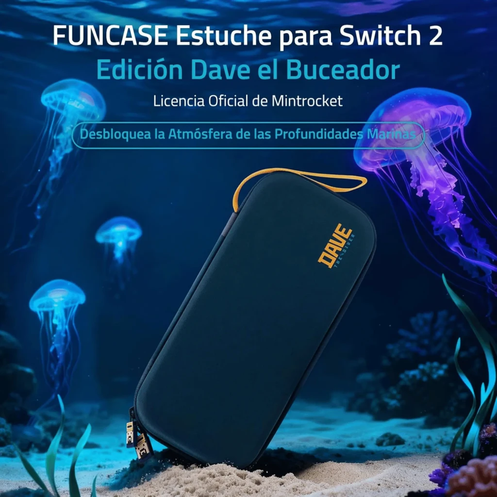 Estuche rígido azul con logo DAVE en amarillo, material EVA, cremallera doble con tiradores metálicos, correa amarilla y capacidad para 10 cartuchos de Switch - Ítem4