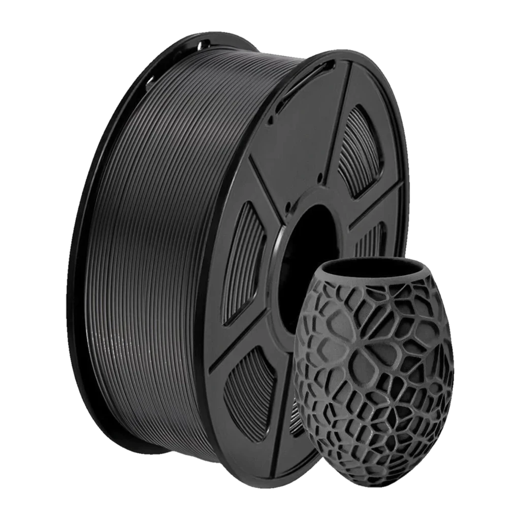 Filamento Sunlu PETG Preto 1,75 mm 1 kg ±0,02 mm em bobina; carretel cinza perfurado, fio preto uniforme, enrolamento regular e núcleo largo - Item1