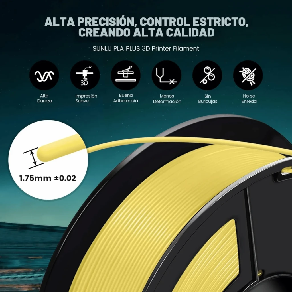 Filamento Sunlu PLA Plus amarillo 1.75 mm 1 kg ±0.02 mm, carrete gris ventilado y mini figura impresa tipo robot, acabado liso brillante, 200–230 °C - Ítem1