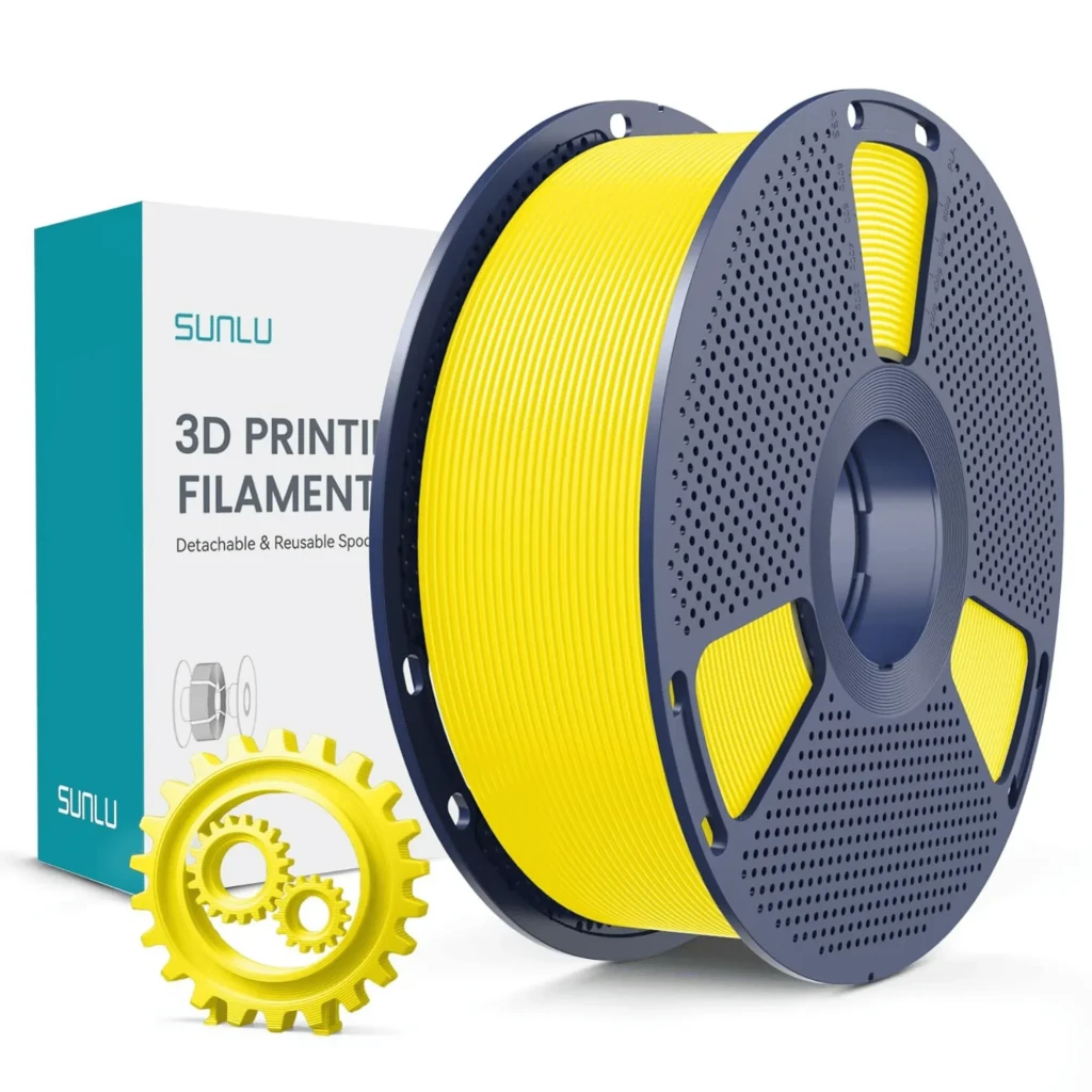 Filamento Sunlu PLA Plus amarillo 1.75 mm 1 kg ±0.02 mm, carrete gris ventilado y mini figura impresa tipo robot, acabado liso brillante, 200–230 °C - Ítem2