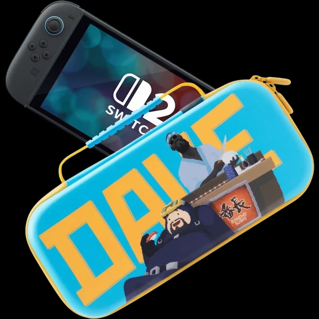 Capa rígida FUNLAB Dave the Diver azul claro para Switch 2/1/OLED, zíper amarelo, arte temática, interior com 10 compartimentos para cartuchos