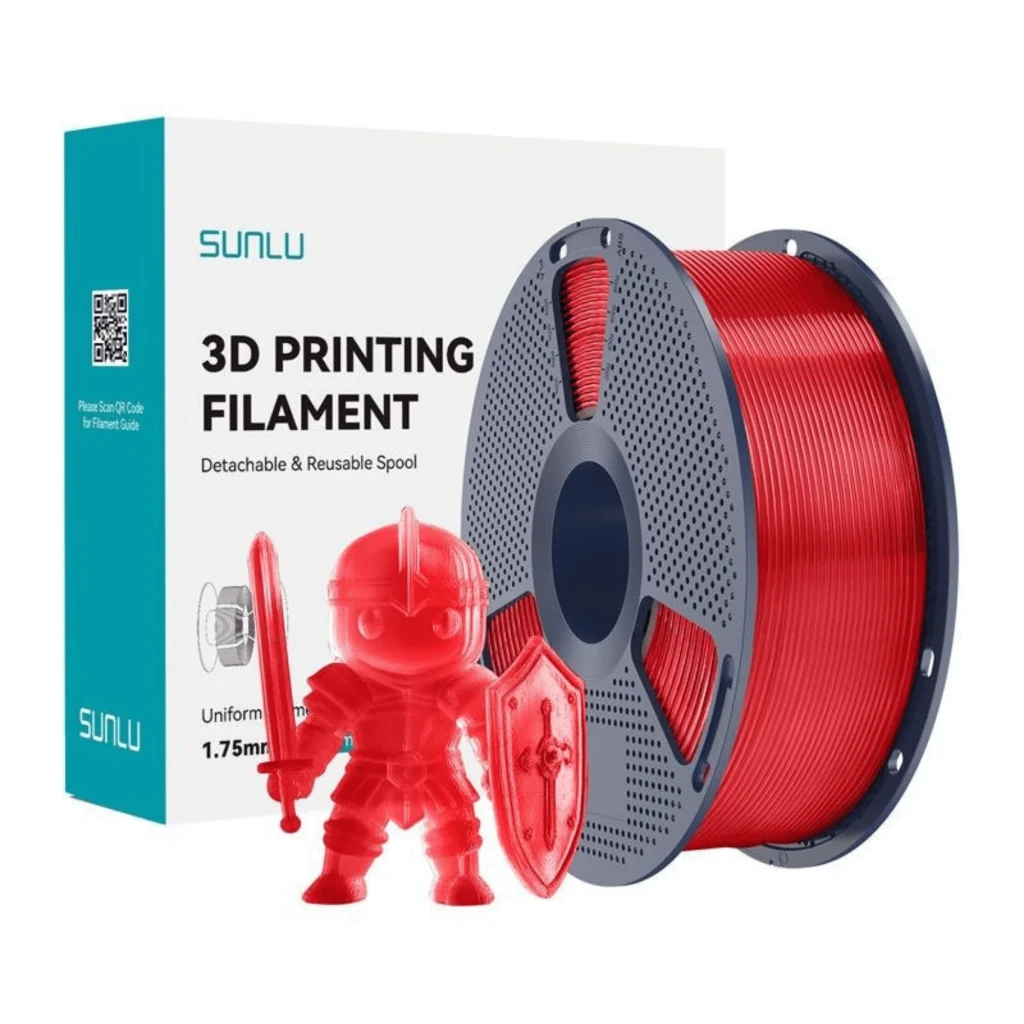 Carrete de filamento PLA Plus rojo transparente 1.75 mm, 1 kg, tolerancia ±0.02 mm; muestra una mini figura impresa brillante junto al carrete - Ítem1