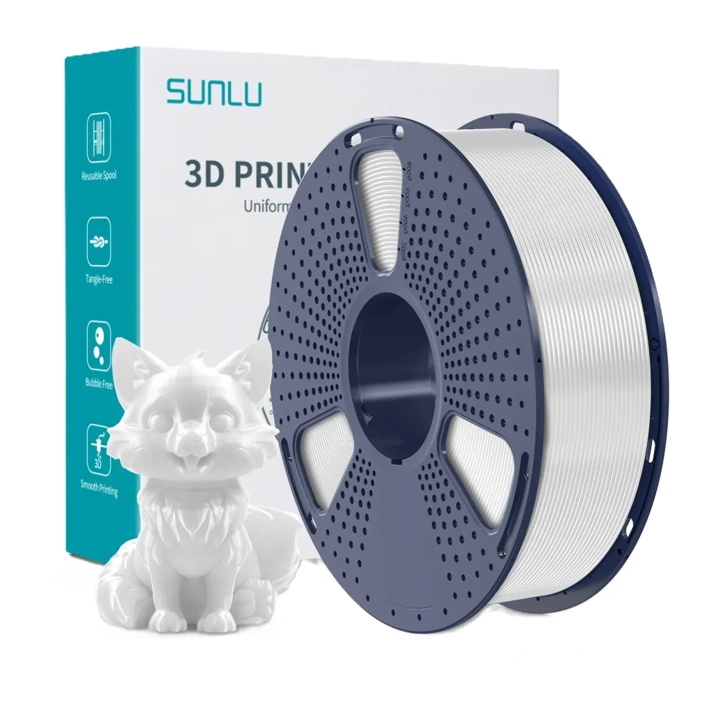 Carretel de filamento PETG branco Sunlu 1,75 mm, 1 kg, tolerância ±0,02 mm; bobina cinza com laterais perfuradas e enrolamento uniforme - Item3