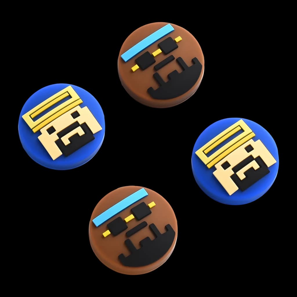FUNLAB Switch 2 Thumb Grips Dave Collab Edition set de 4 grips para joystick con diseños pixel art en azul y marrón, textura antideslizante y relieve colorido