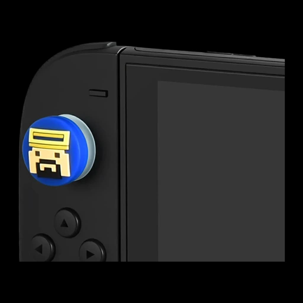 FUNLAB Switch 2 Thumb Grips - Dave Collab Edition: grip azul con cara pixel art amarilla en joystick de Switch, mejora agarre y estilo retro