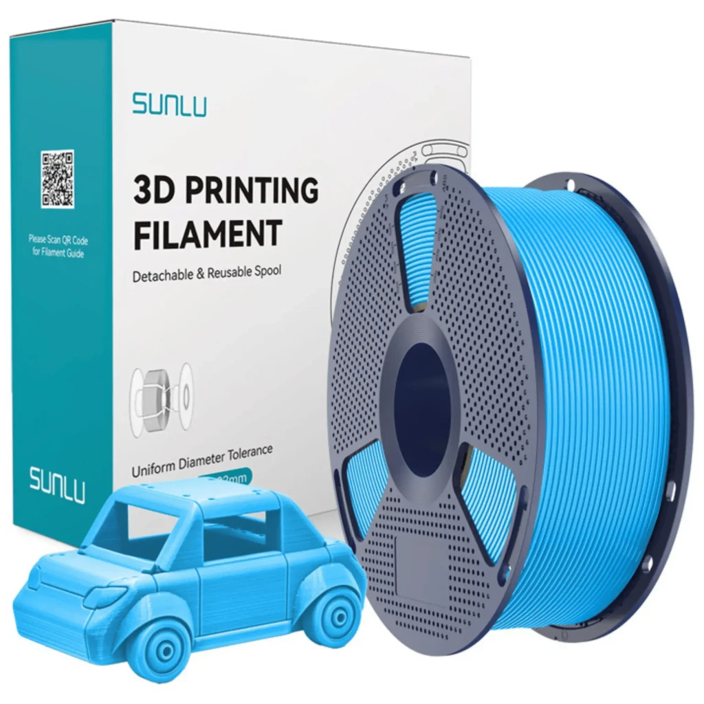 Filamento Sunlu PETG Cyan 1,75 mm 1 kg ±0,02 mm em bobina preta perfurada, cor azul vibrante; inclui mini carro impresso demonstrando acabamento liso - Item2