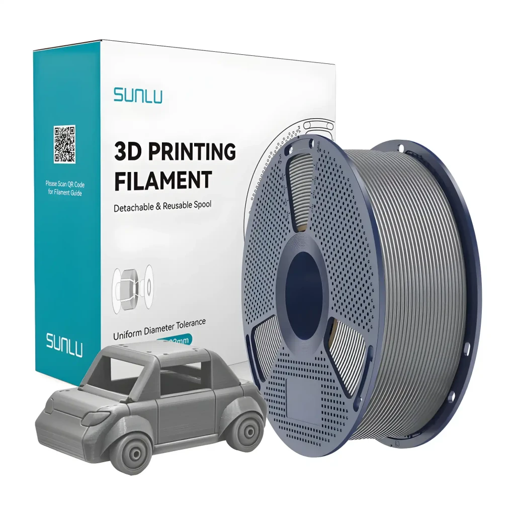 Bobina de filamento PETG cinzento Sunlu 1,75 mm, 1 kg, tolerância ±0,02 mm, carretel ventilado azul com enrolamento uniforme e rótulo frontal - Item3