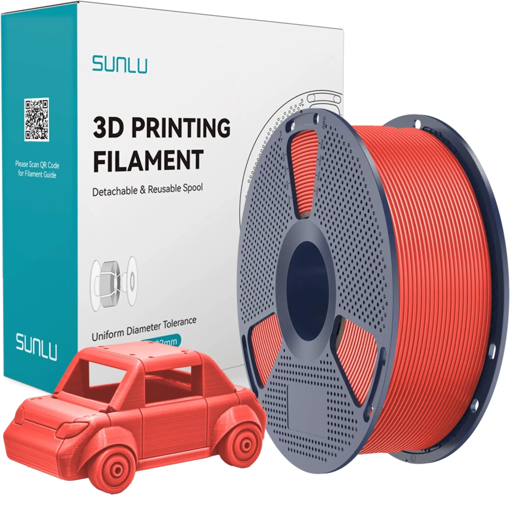 Filamento Sunlu PETG Vermelho 1,75 mm 1 kg ±0,02 mm em carretel cinza perfurado, fio liso e uniforme; mini carro impresso demonstra acabamento brilhante - Item1