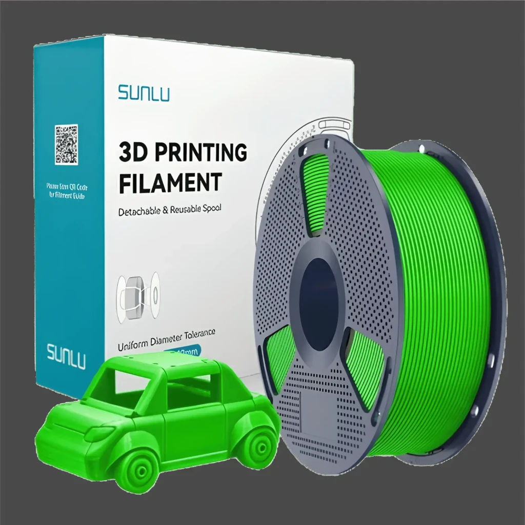 Filamento Sunlu PETG verde 1,75 mm bobina de 1 kg com tolerância ±0,02 mm; rolo perfurado em cinza e mini carro impresso em verde ao lado - Item1