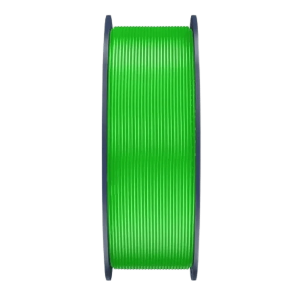 Filamento Sunlu PETG verde 1,75 mm bobina de 1 kg com tolerância ±0,02 mm; rolo perfurado em cinza e mini carro impresso em verde ao lado - Item2