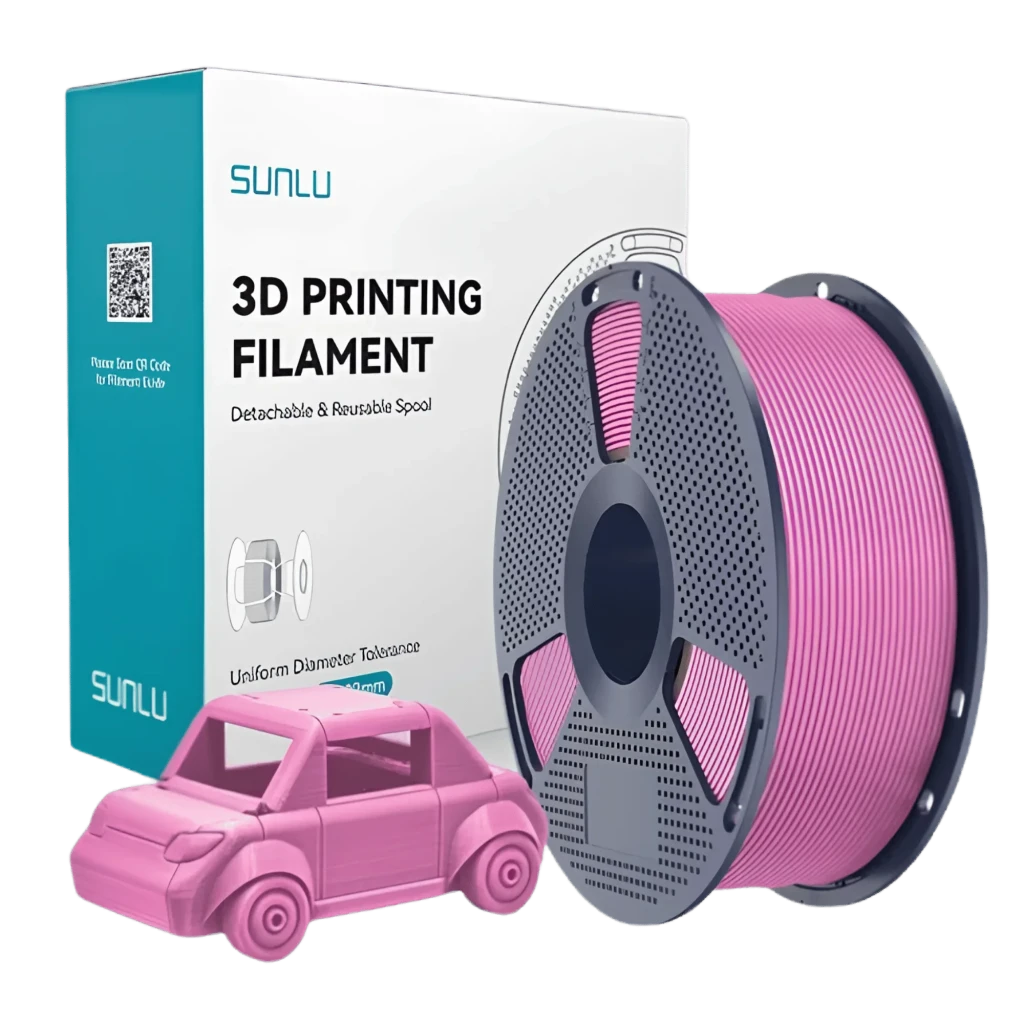 Filamento Sunlu PETG Rosa 1,75 mm 1 kg ±0,02 mm em carretel cinza ventilado, fio uniforme e brilhante; mini carro impresso rosa exibindo acabamento liso - Item1