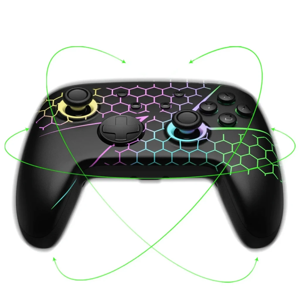 Controlador sem fios FUNLAB Firefly Pro - Edição Z RGB com LEDs multicolor, padrão hexagonal iluminado, botões A/B/X/Y, gatilhos e analógicos com aro - Item1