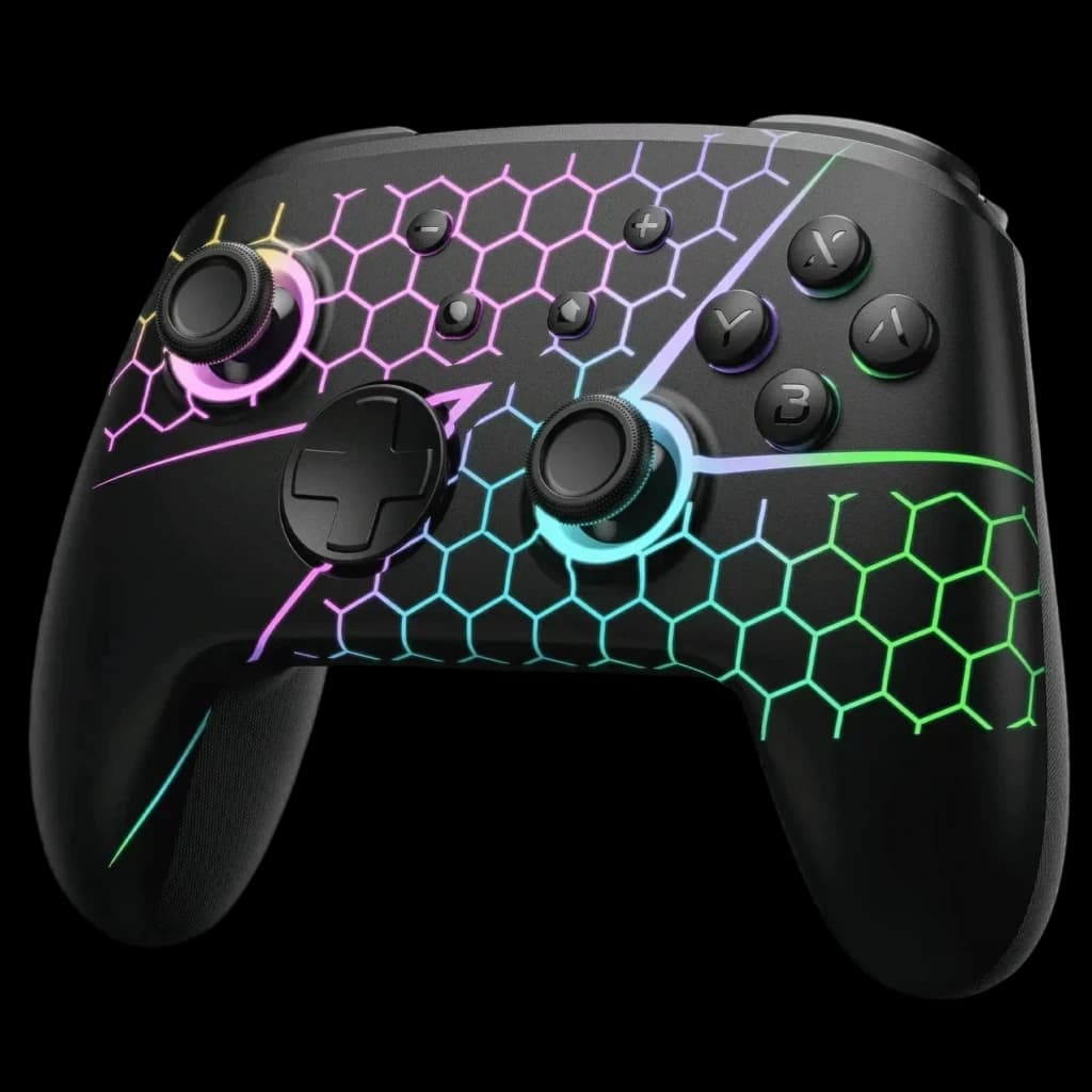 Controlador sem fios FUNLAB Firefly Pro - Edição Z RGB com LEDs multicolor, padrão hexagonal iluminado, botões A/B/X/Y, gatilhos e analógicos com aro