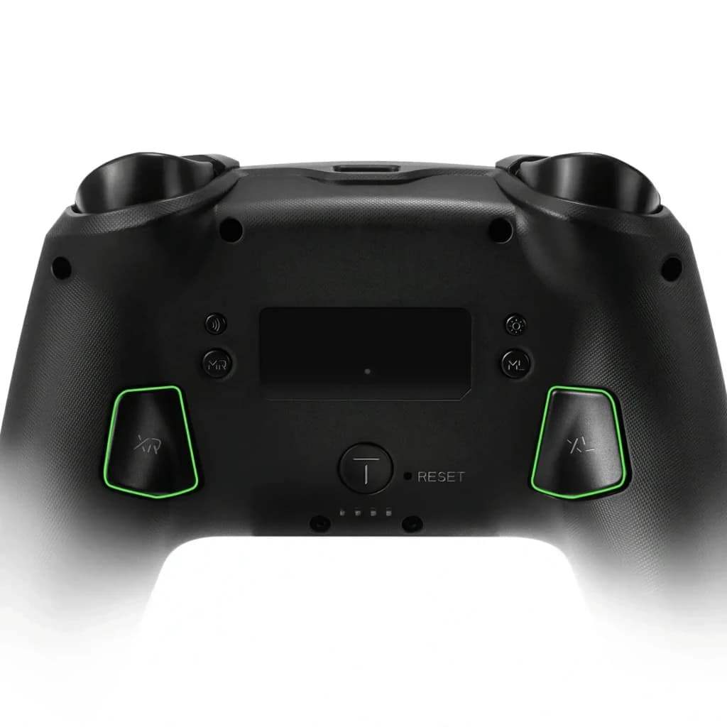 Controlador sem fios FUNLAB Firefly Pro - Edição Z RGB visto por trás, textura preta, botões traseiros XR e AL iluminados em verde, porta USB-C e botão