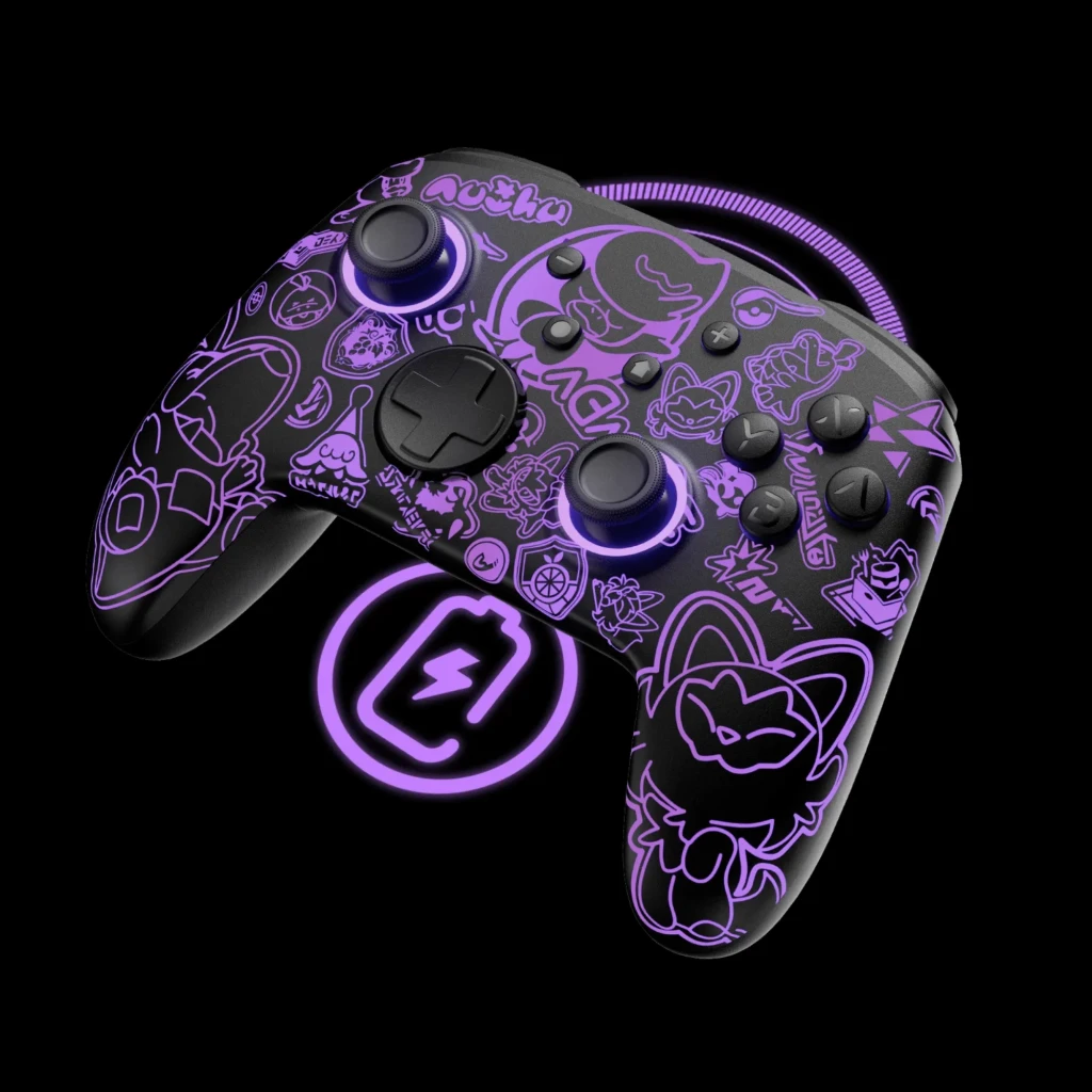 Controlador sem fios FUNLAB Firefly Pro - Edição Scarlet & Violet RGB com luzes roxas, acabamento preto fosco e gráficos temáticos em roxo - Item3