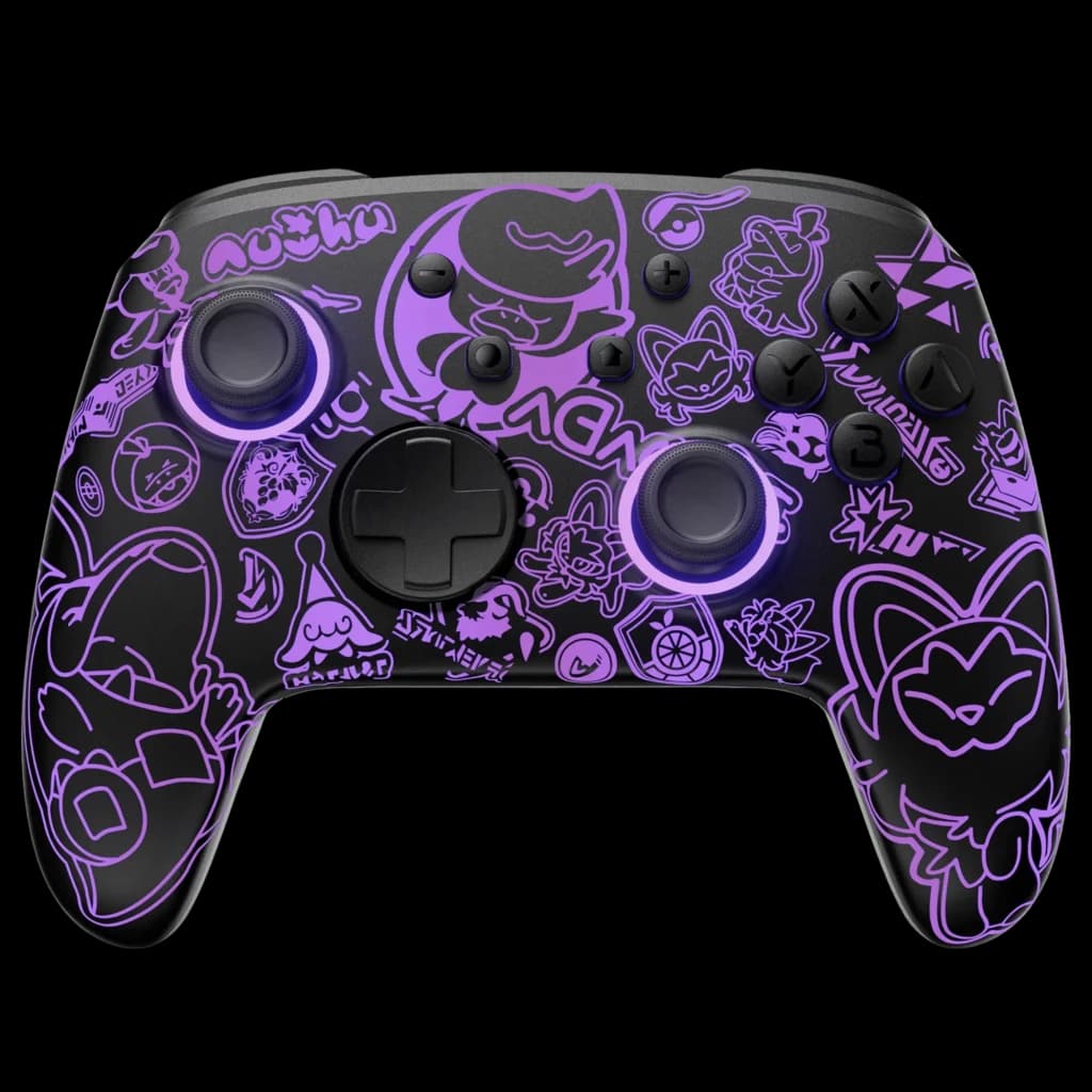 Controlador sem fios FUNLAB Firefly Pro - Edição Scarlet & Violet RGB com luzes roxas, acabamento preto fosco e gráficos temáticos em roxo