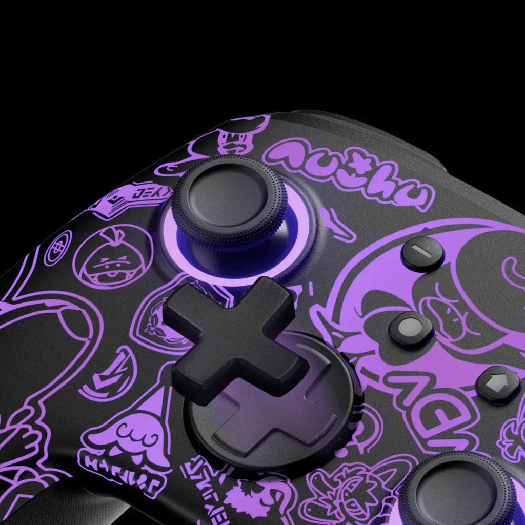 Controlador sem fios FUNLAB Firefly Pro - Edição Scarlet & Violet RGB com luzes roxas, acabamento preto fosco e gráficos temáticos em roxo - Item1
