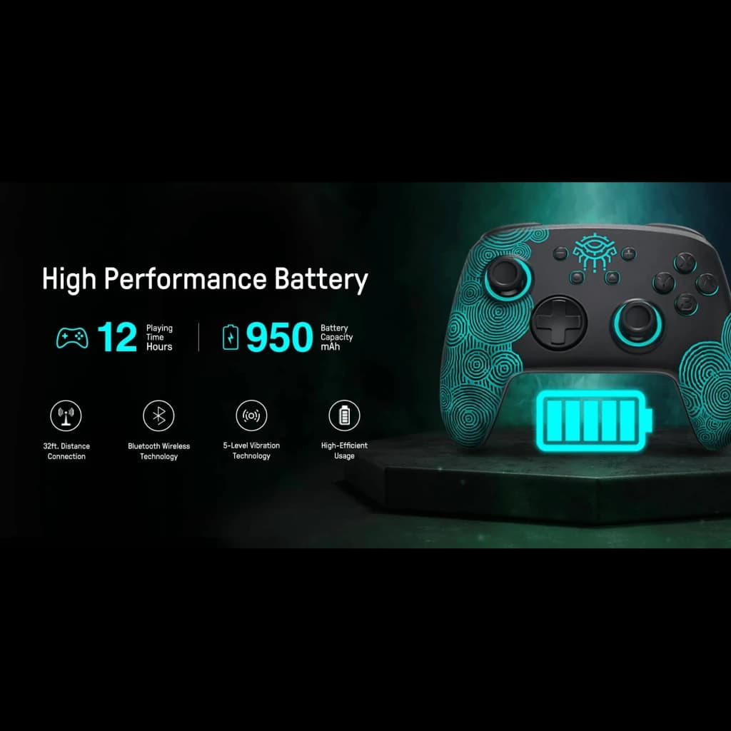 Controlador sem fios FUNLAB Firefly Pro - Edição Zonai RGB com padrões turquesa, botões pretos, luzes RGB e ícone de bateria destacando longa duração