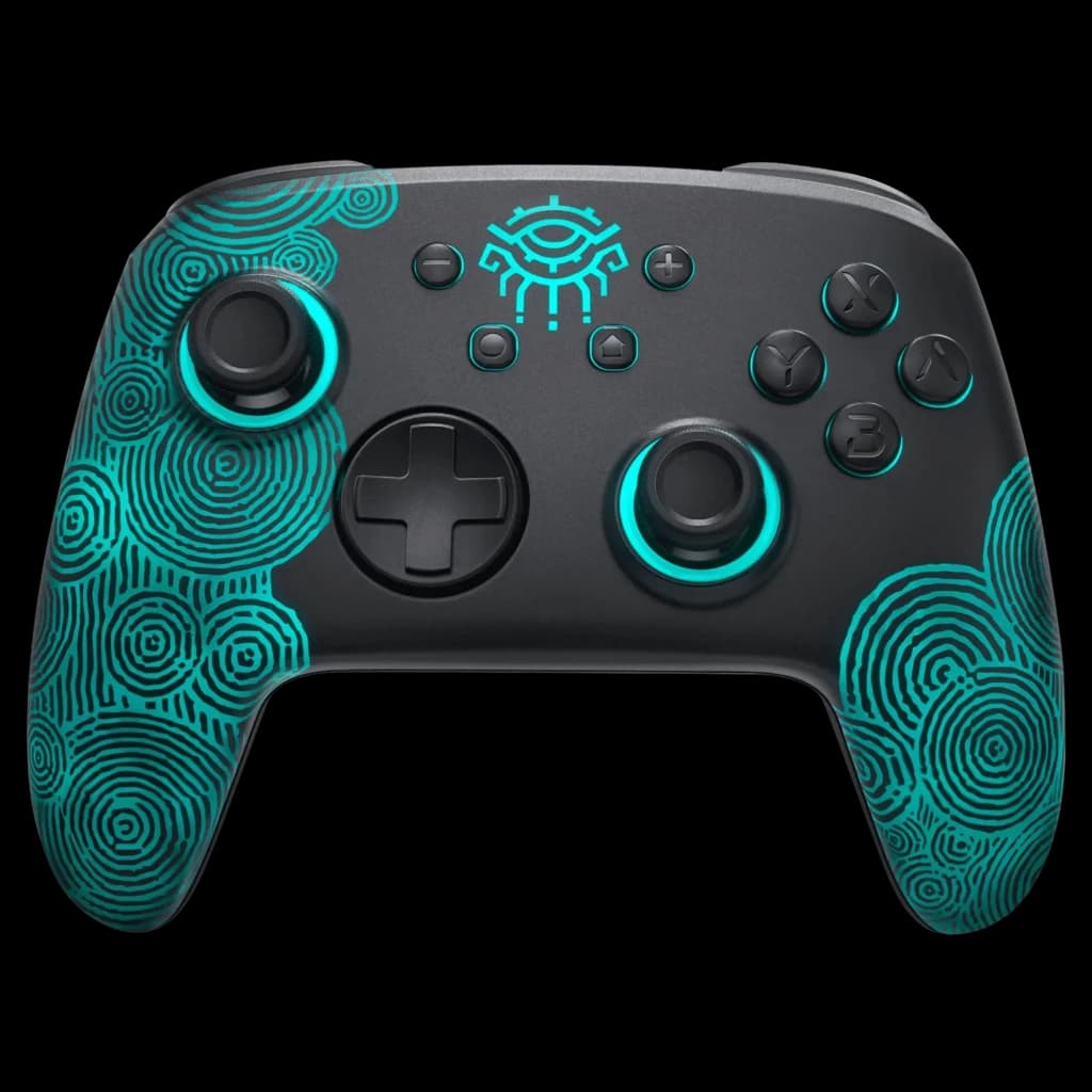 Controlador sem fios FUNLAB Firefly Pro - Edição Zonai RGB com padrão tribal turquesa, botões retroiluminados, cruz direcional metálica e pegas