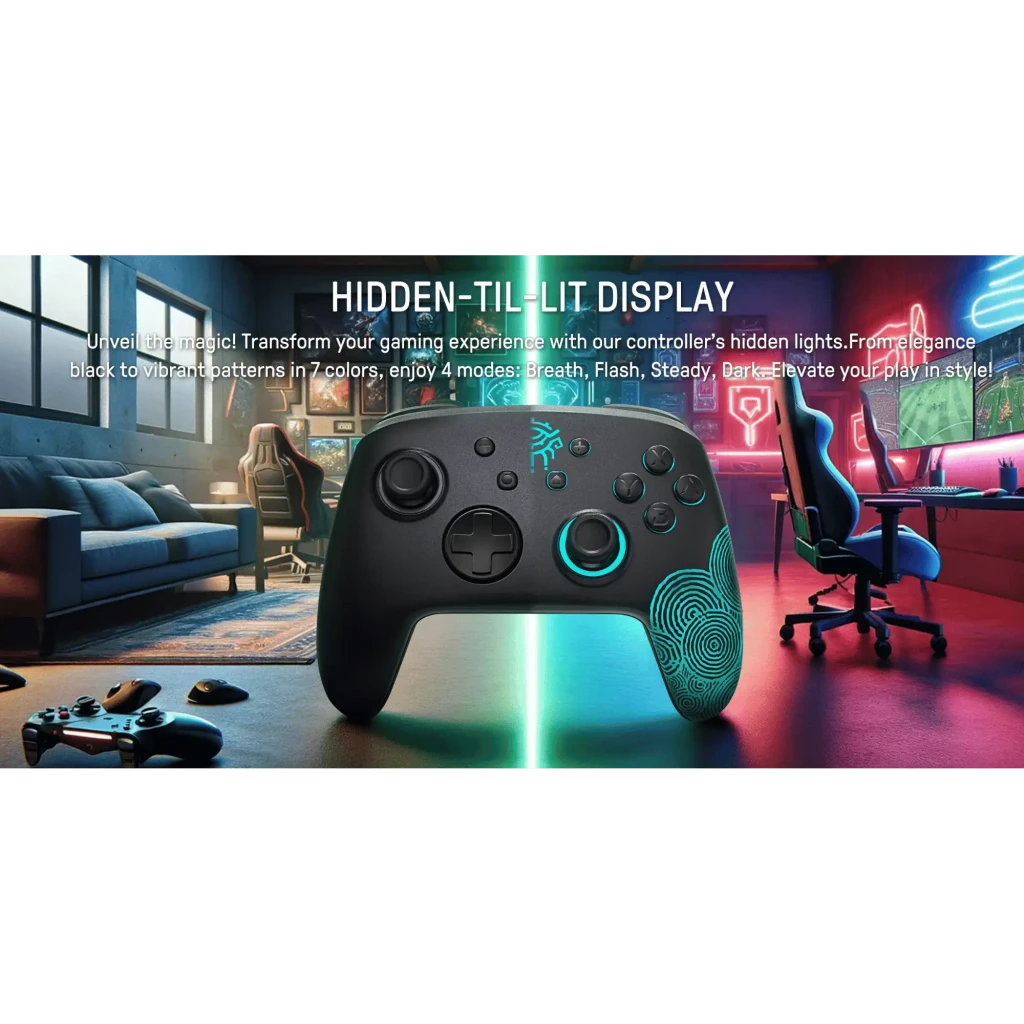 Controlador sem fios FUNLAB Firefly Pro - Edição Zonai RGB com padrão tribal turquesa, botões retroiluminados, cruz direcional metálica e pegas - Item1