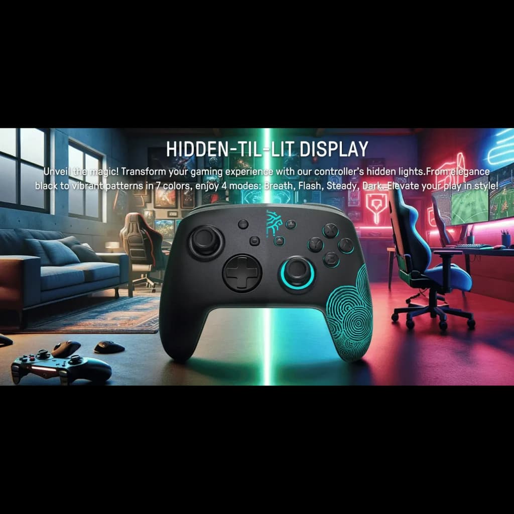 Controlador sem fios FUNLAB Firefly Pro - Edição Zonai RGB com luzes ocultas, padrões em 7 cores, analógicos e botões ergonômicos, design preto com