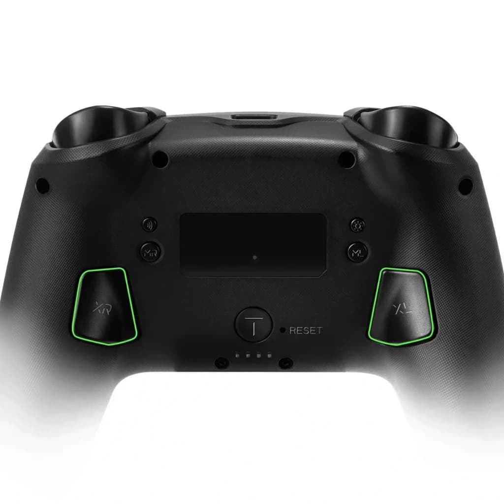 Controlador sem fios FUNLAB Firefly Pro - Edição Zonai RGB, traseira preta com textura, botões AR e AL iluminados em verde, porta USB-C e botão Reset