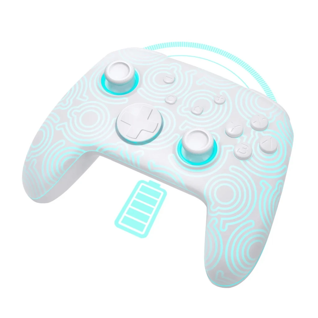 Controlador sem fios FUNLAB Firefly Pro - Edição Kakariko RGB branco com padrões tribais luminantes, botões e direcional em branco, LEDs azul‑ciano - Item4