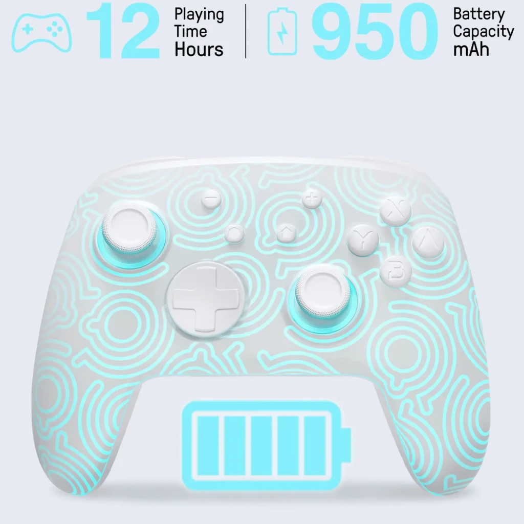 Controlador sem fios FUNLAB Firefly Pro - Edição Kakariko RGB branco com padrões tribais luminantes, botões e direcional em branco, LEDs azul‑ciano - Item1