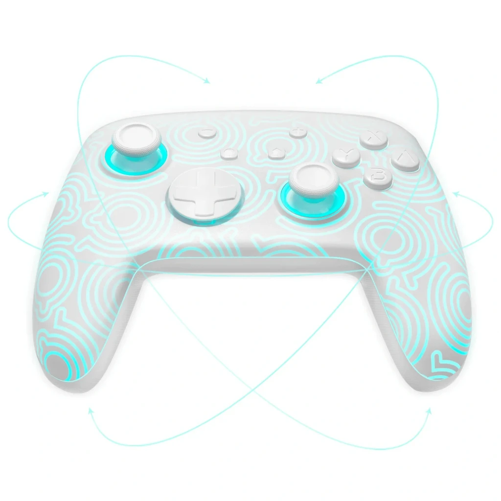 Controlador sem fios FUNLAB Firefly Pro - Edição Kakariko RGB branco com padrões tribais luminantes, botões e direcional em branco, LEDs azul‑ciano - Item2