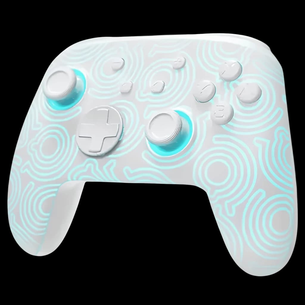 Controlador sem fios FUNLAB Firefly Pro - Edição Kakariko RGB branco com padrões tribais luminantes, botões e direcional em branco, LEDs azul‑ciano