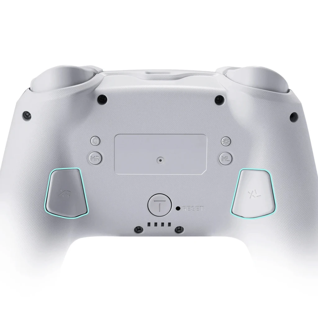 Controlador sem fios FUNLAB Firefly Pro - Edição Kakariko RGB branco com padrões tribais luminantes, botões e direcional em branco, LEDs azul‑ciano - Item3