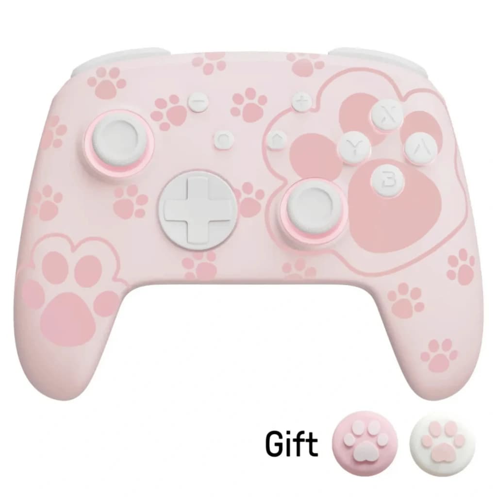 Controlador sem fios FUNLAB Firefly Pro - Edição Cat Paw RGB rosa, com padrão de patinhas, botões brancos e capas de analógico intercambiáveis rosa e