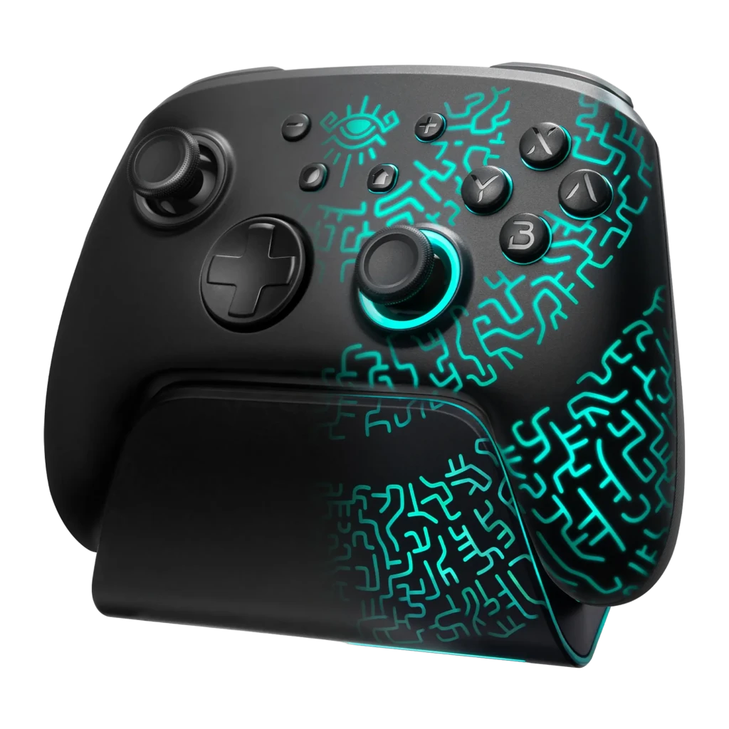 Mando FUNLAB Luminex Pro Wireless Switch Controller Inalámbrico negro con luces turquesa, patrón luminoso tribal, sticks y botones retroiluminados, base a - Ítem2