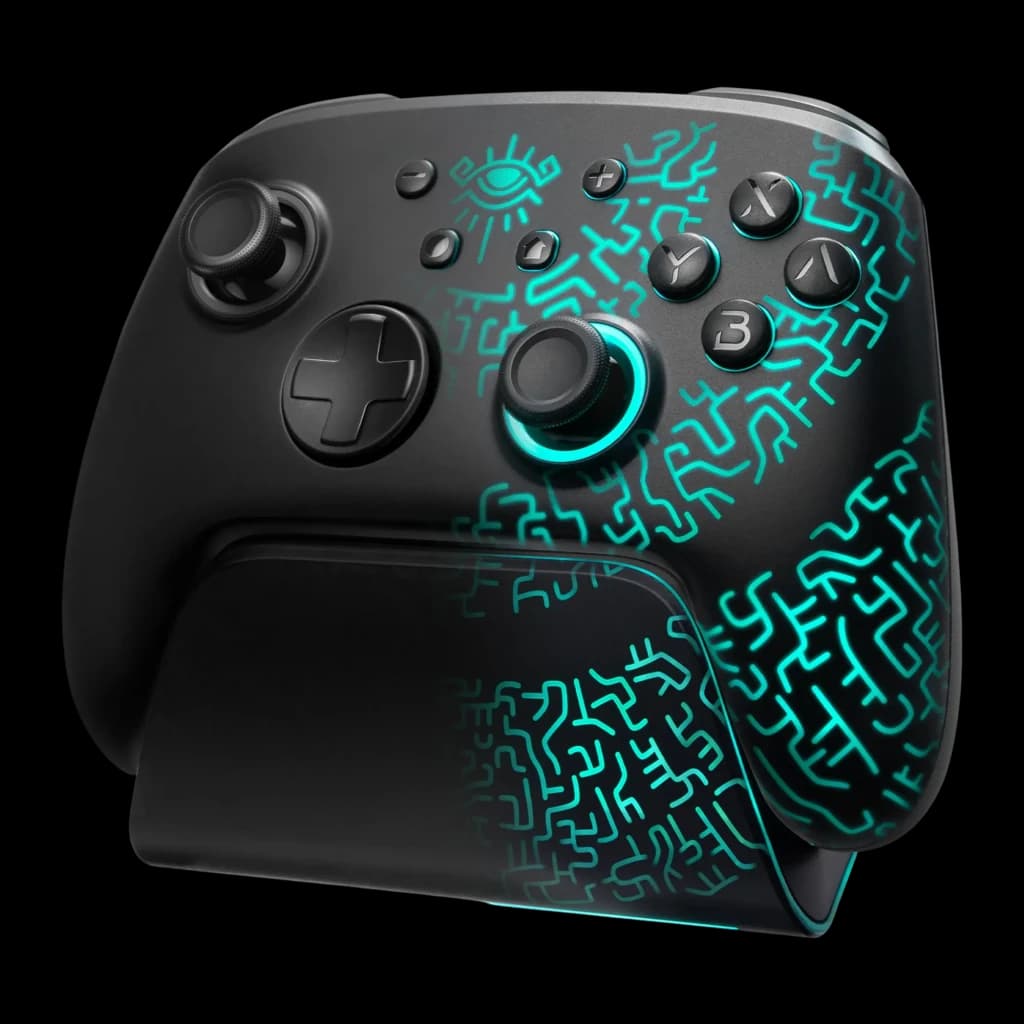 Comando FUNLAB Luminex Pro Wireless Switch Controller Sem Fios preto com iluminação ciano, padrões luminosos futuristas, botões ergonômicos e base de apoio
