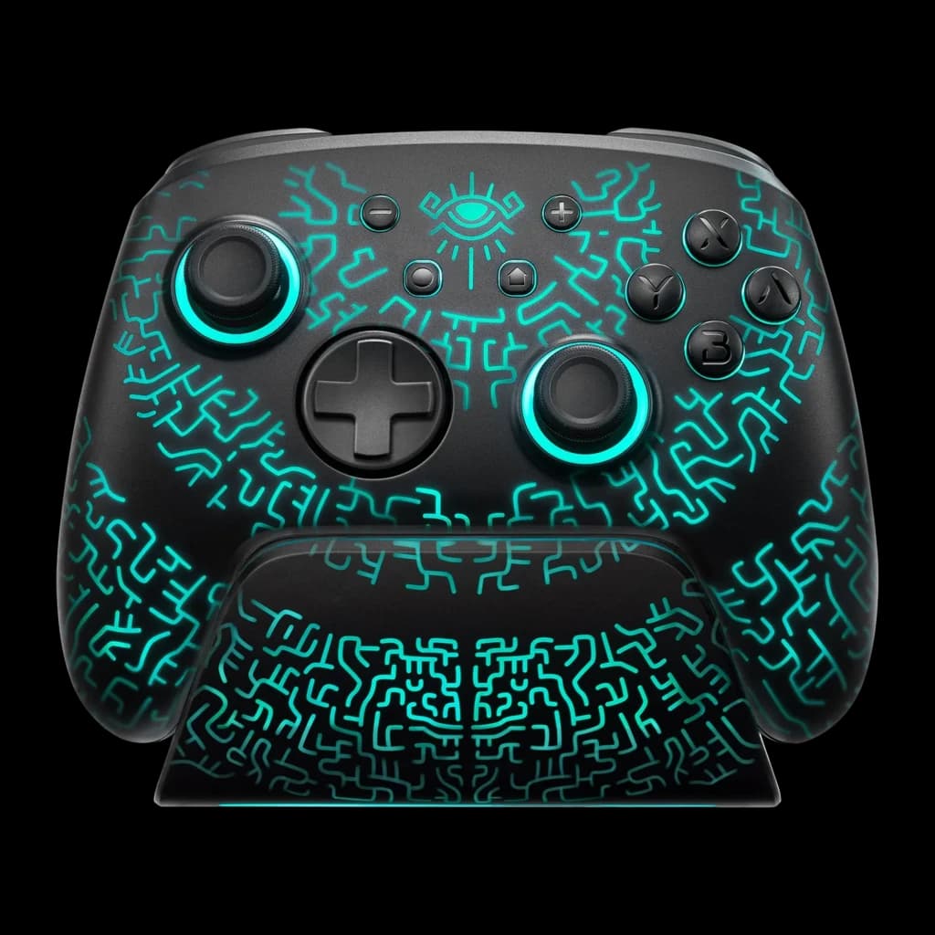 Comando FUNLAB Luminex Pro Wireless Switch Controller Sem Fios com luzes LED turquesa, padrão geométrico brilhante, analógicos duplos e base de carregamento
