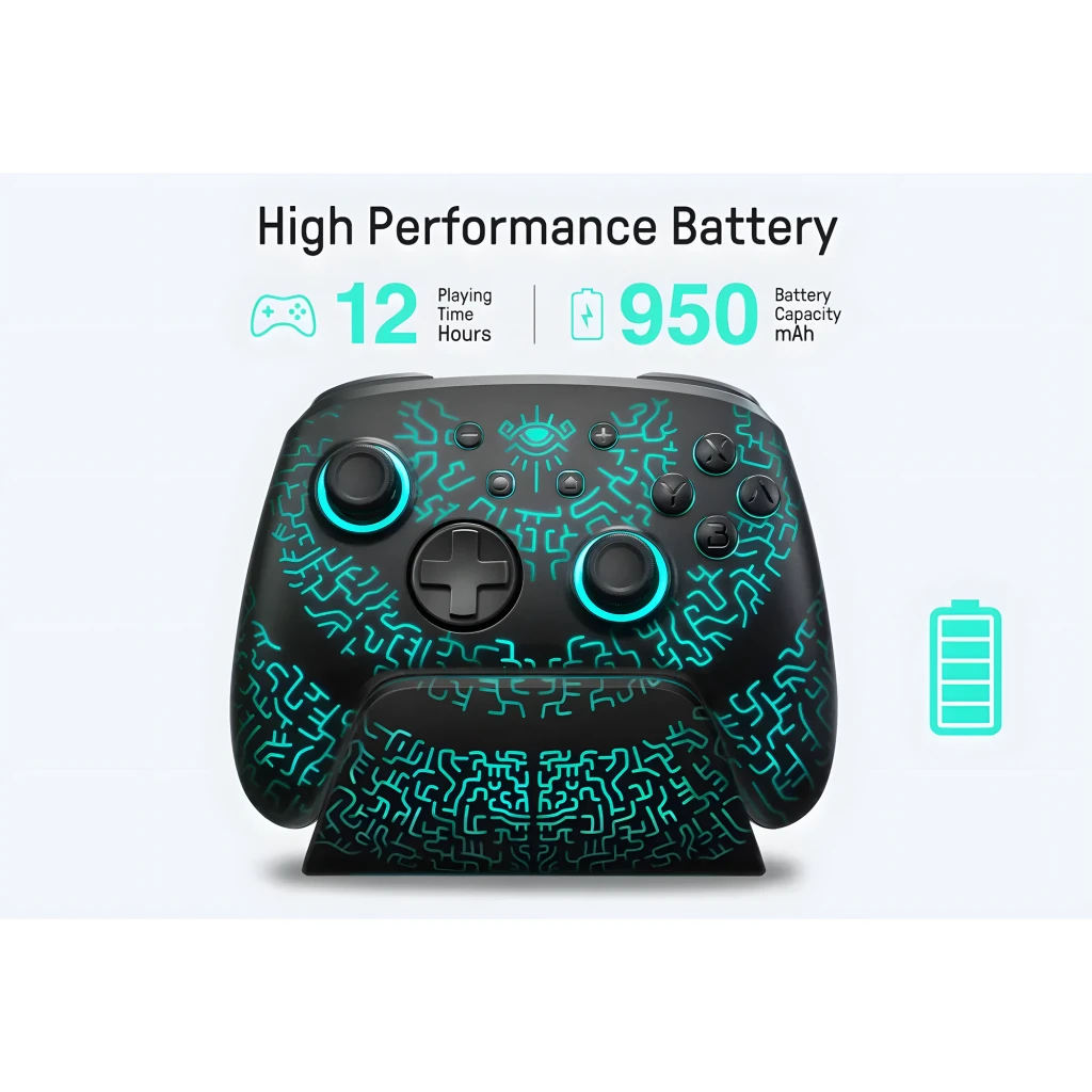 Mando FUNLAB Luminex Pro Wireless Switch Controller Inalámbrico negro con luces turquesa, patrón luminoso tribal, sticks y botones retroiluminados, base a - Ítem5