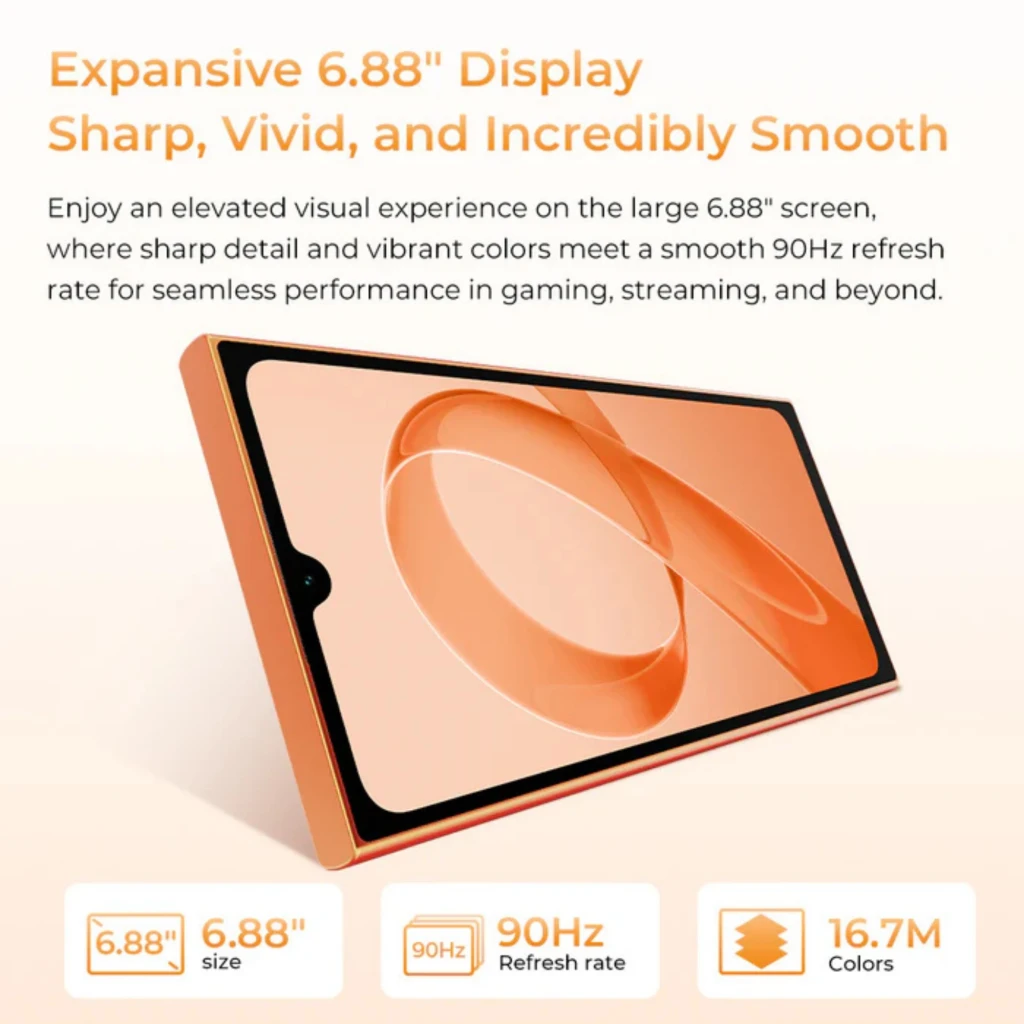 Oukitel C72 4G negro con pantalla amplia sin bordes, cámara trasera cuádruple con módulos grandes, frontal con perforación central y diseño elegante - Ítem6