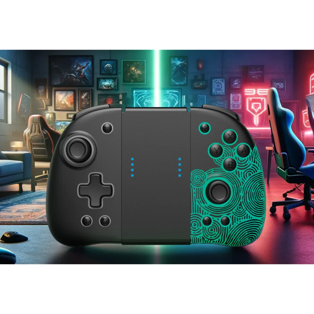 Comando Funlab Luminous Wireless Joy-pad Switch/OLED Zonaite Black Sem Fios, frontal: design bicolor preto e turquesa