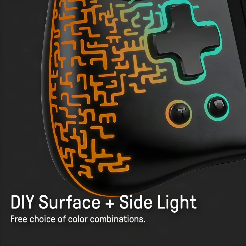 Comando Funlab Luminous Wireless Joy-pad Switch/OLED Zonaite Black Sem Fios, detalhe: luz RGB laranja na superfície