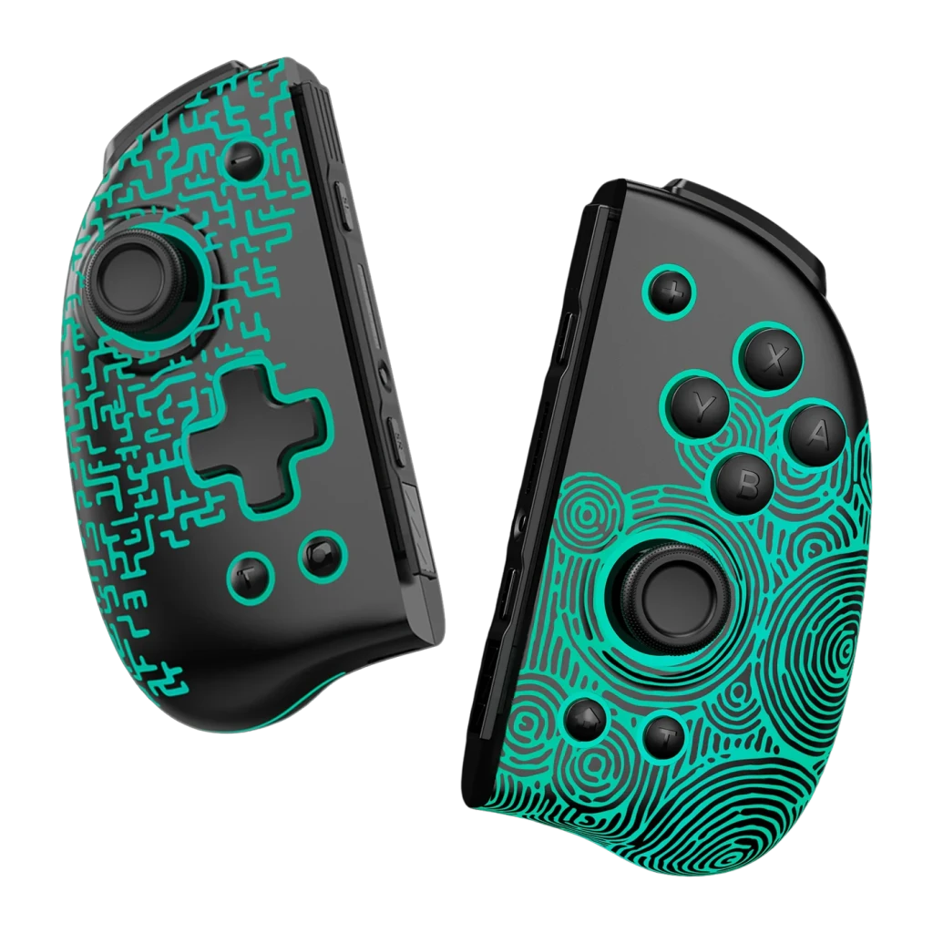 Comando de videojogos Funlab Luminous Wireless Joy-pad Preto Sem Fios, vista frontal: duas metades com padrões turquesa