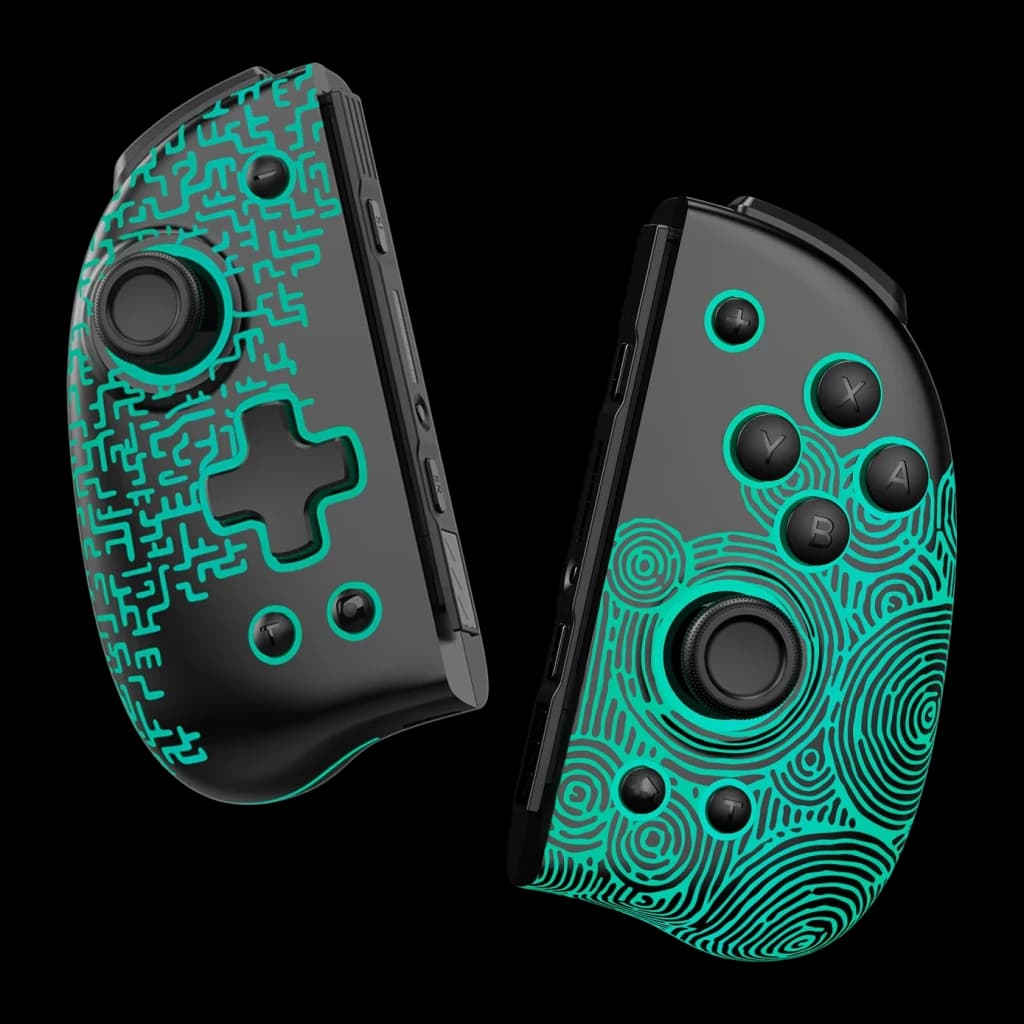 Comando de videojogos Funlab Luminous Wireless Joy-pad Preto Sem Fios, vista frontal: duas metades com padrões turquesa