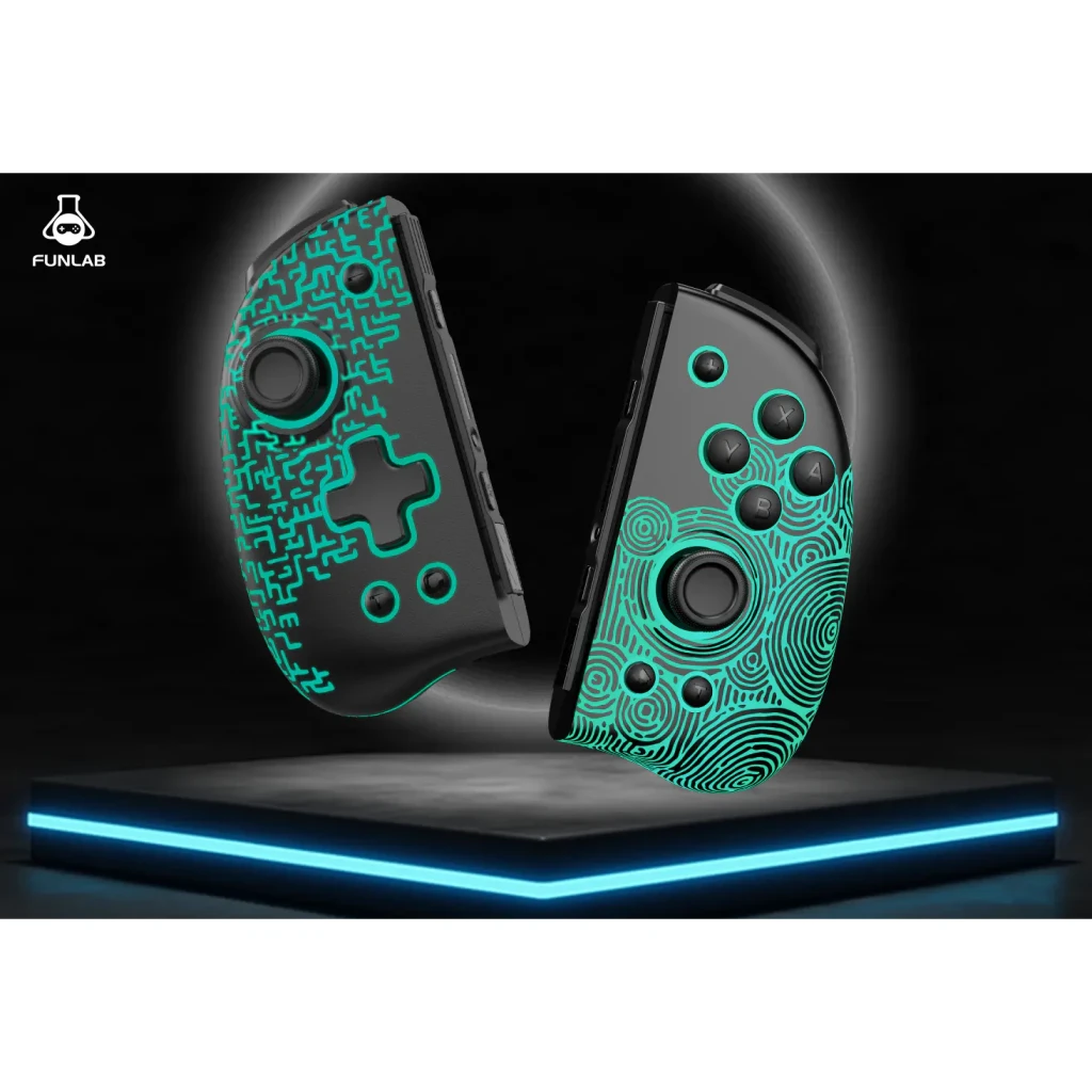 Comando de videojogos Funlab Luminous Wireless Joy-pad Preto Sem Fios, par: padrões luminosos turquesa labirinto e círculos