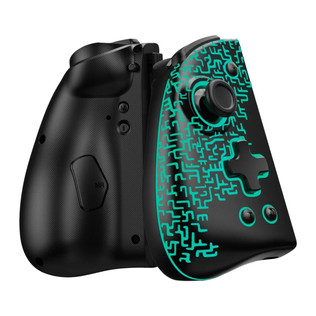 Comando de videojogos Funlab Luminous Wireless Joy-pad Preto Sem Fios, vista traseira: iluminação RGB turquesa com padrão