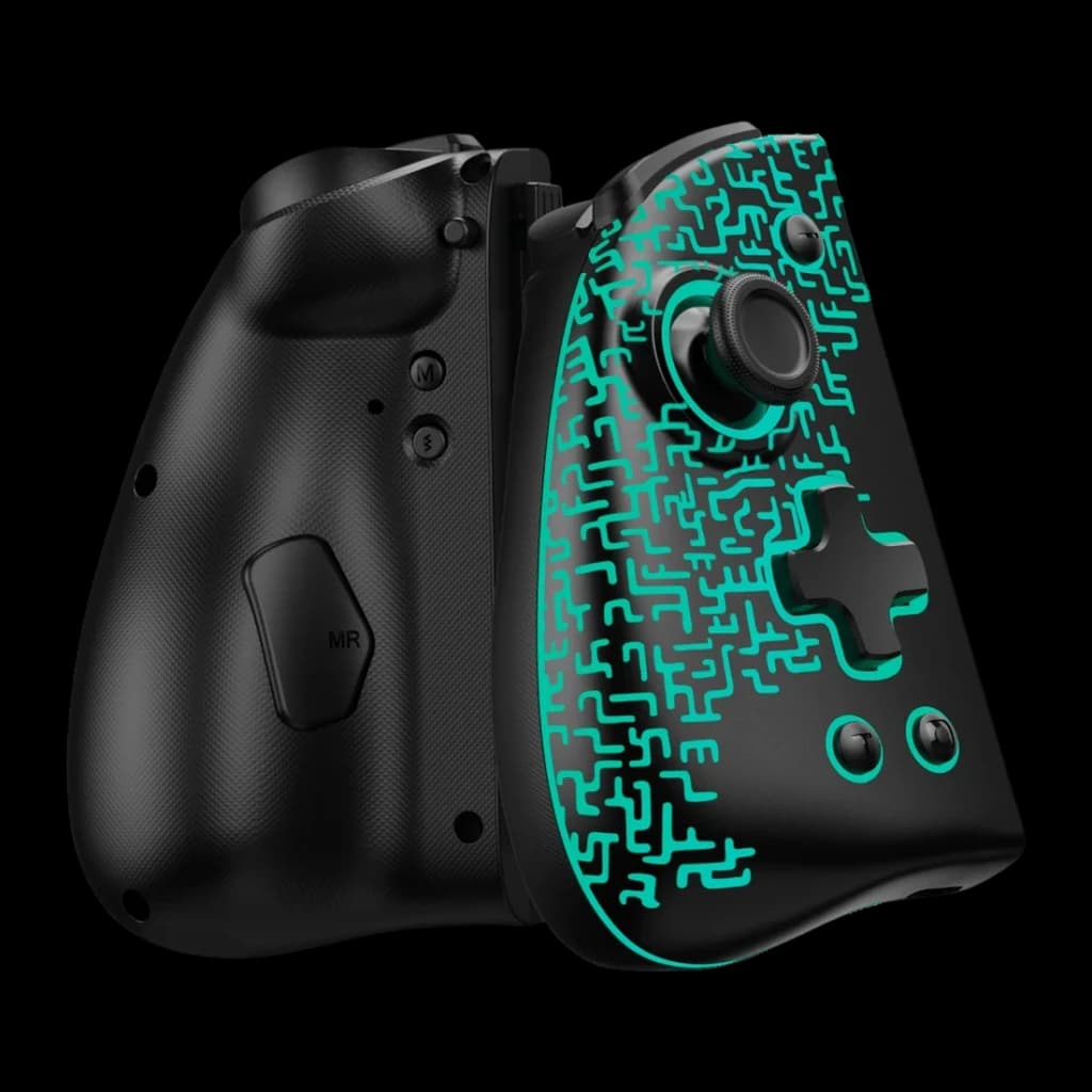 Comando de videojogos Funlab Luminous Wireless Joy-pad Preto Sem Fios, vista traseira: iluminação RGB turquesa com padrão