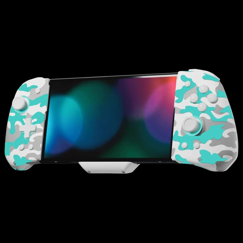Gripcon sem fios para Switch/OLED com padrão camuflado branco e turquesa, pegas ergonômicas e dois analógicos brancos para controle confortável