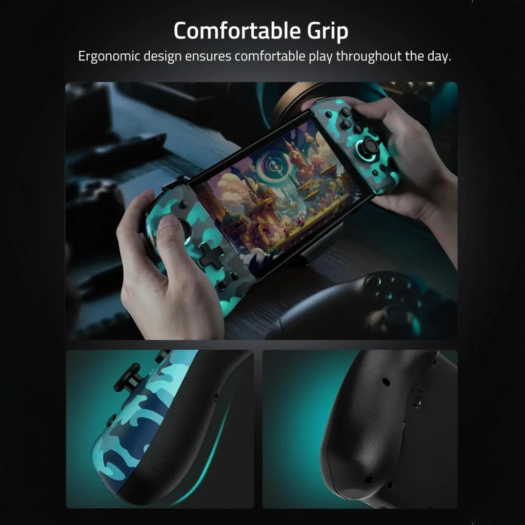 Mando FUNLAB Luminpad Gripcon inalámbrico para Switch con agarres laterales camuflaje negro y verde, sticks duales, cruceta y botones ABXY visibles - Ítem3