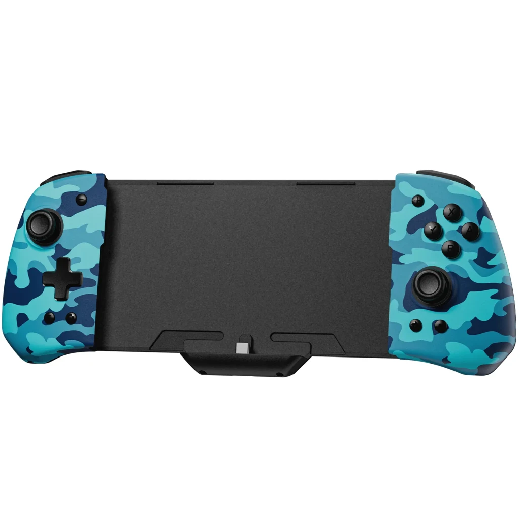 Control inalámbrico tipo grip para Switch y OLED con diseño camuflaje azul, sticks duales, cruceta y botones completos, compatible con modo portátil - Ítem1