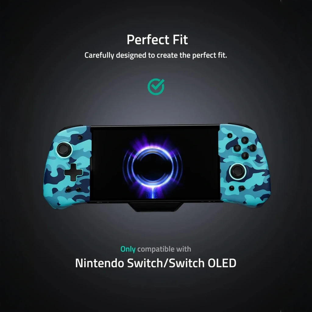 Mando FUNLAB Luminpad Gripcon inalámbrico para Switch con agarres laterales camuflaje negro y verde, sticks duales, cruceta y botones ABXY visibles - Ítem4