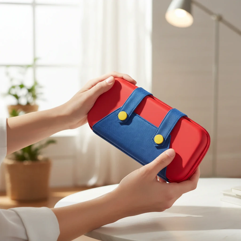 Funda FUNLAB Funcase for Switch 2, carcasa rígida roja con detalles azules tipo peto y dos botones amarillos, cierre con cremallera y diseño compacto - Ítem9